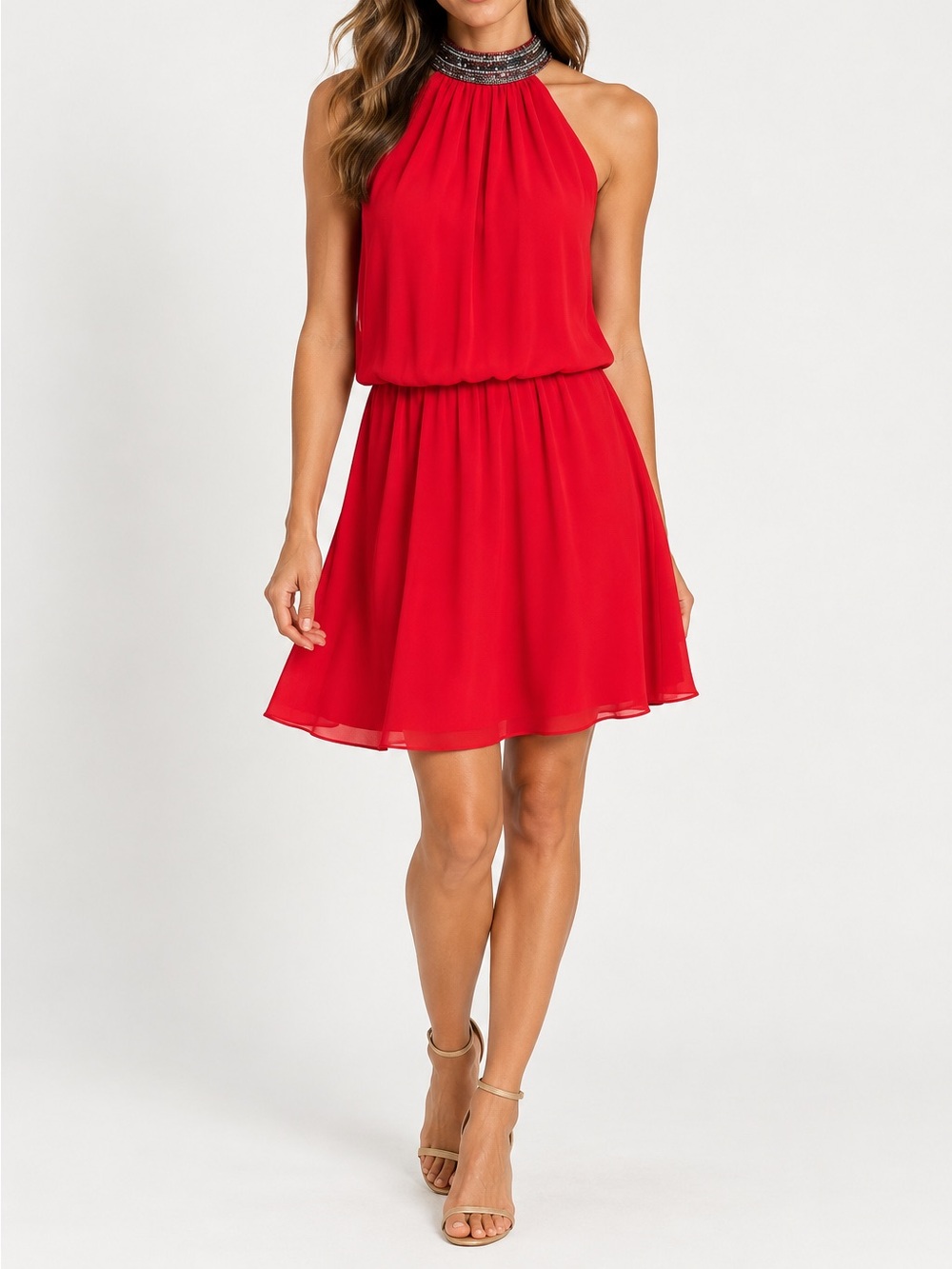 NWT RAMY BROOK Mila Silk Embellished Red Halter Neck Dress NEW WITH TAGS Size S
